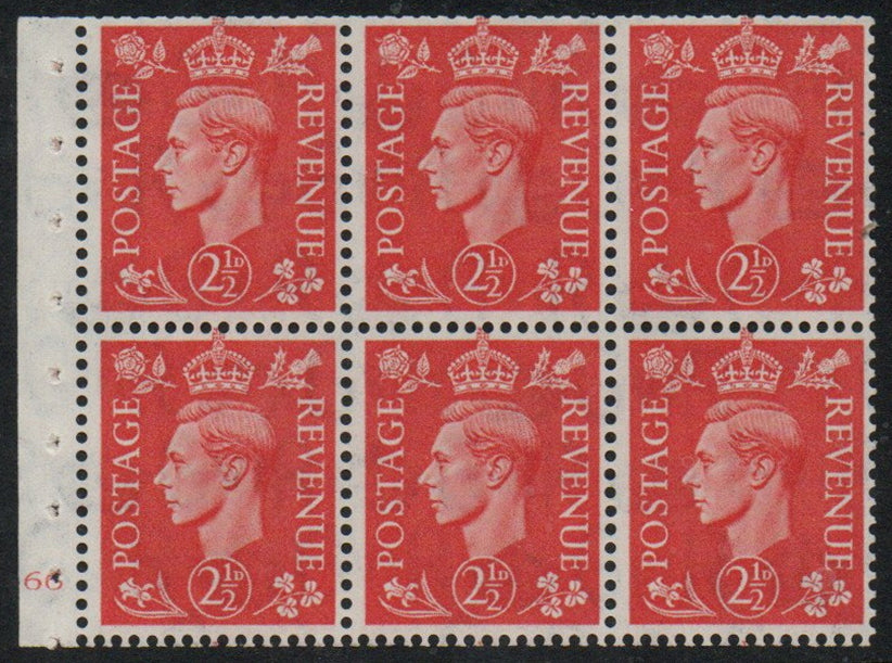 GB KGVI QB34 Booklet Pane Cyl J66 Upright Watermark U/M