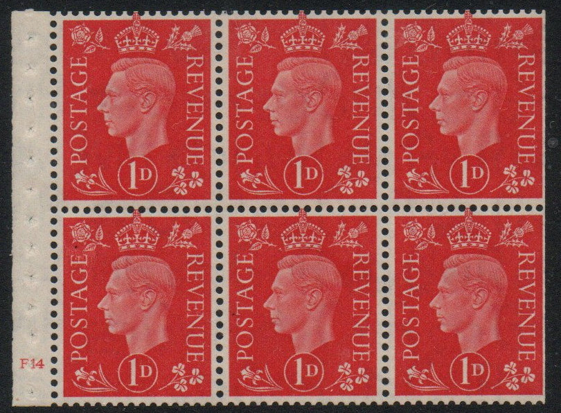 GB KGVI QB10 Booklet Pane Cyl F14 no dot Upright Watermark U/M 