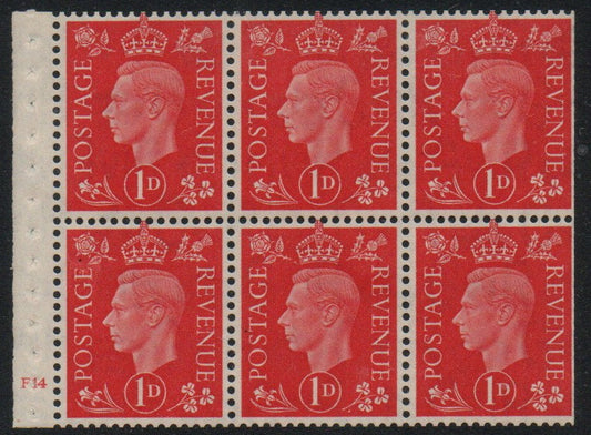 GB KGVI QB10 Booklet Pane Cyl F14 no dot Upright Watermark U/M 