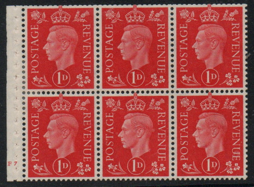 GB KGVI QB10 Booklet Pane Cyl F7 no dot Upright Watermark U/M MNH.