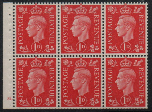 GB KGVI QB10 Booklet Pane Cyl F5 Dot Upright Watermark U/M
