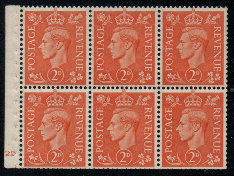 GB KGVI QB30 (I) Booklet Pane Cyl H22 No Dot Upright Watermark U/M MNH