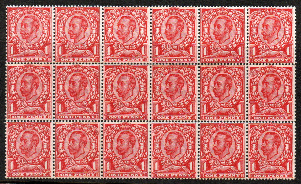 1912 GB KGV SG341 1d Bright Scarlet Lightly Mounted Mint Block of 18