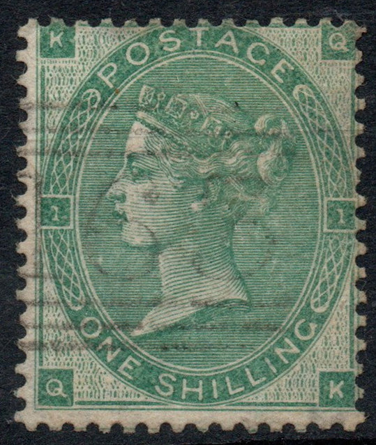 GB 1862 1/- shilling green SG89 Plate 1 (Q-K) Small White Corner Letters