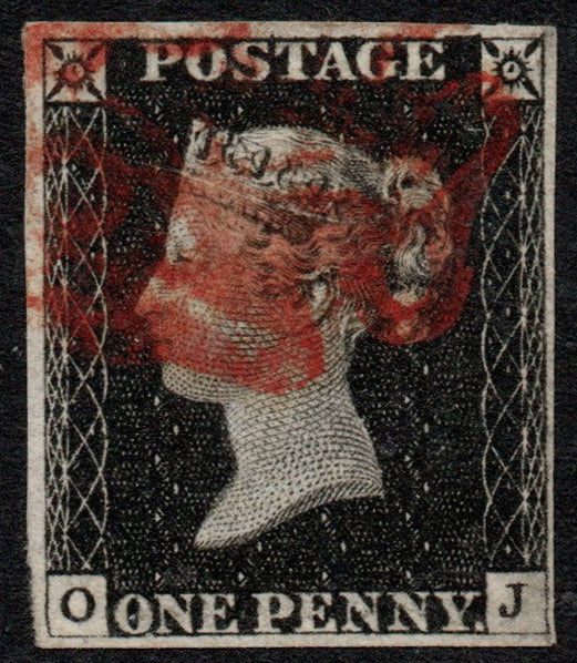 GB 1840 1d Blk SG1 Plate 2 Spec AS15 (O-J) 4 Full Margins Red Maltese Cross with Sismondo Certificate dated 2015