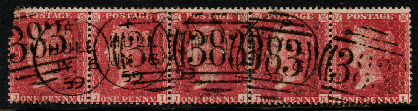 GB QV 1841 SG Strip of 5 Plate 48 Perf 14 White Paper Hull July 6th 1859 P/M Damage to LH Stamp