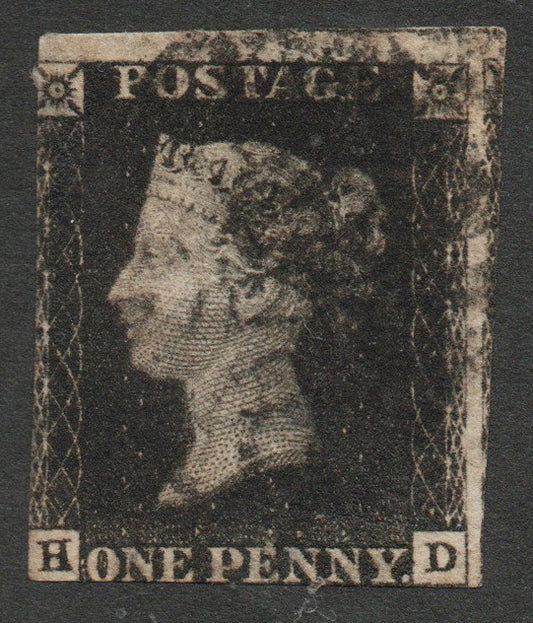 GB QV SG1 Penny Black Plate 6, 2 Good Margins H-D, Black PM