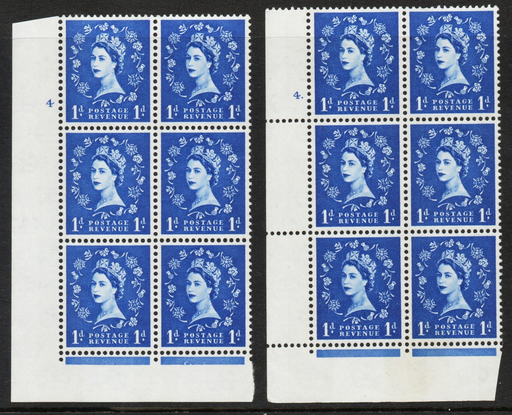 GB QEII 1960 SG611 1d Ultramarine 2B Cyl 4 Dot &amp; No Dot Unmounted Mint