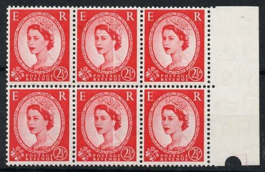 GB QEII 1952 SG519 2½d Type 1 Block of 6 with white line error 