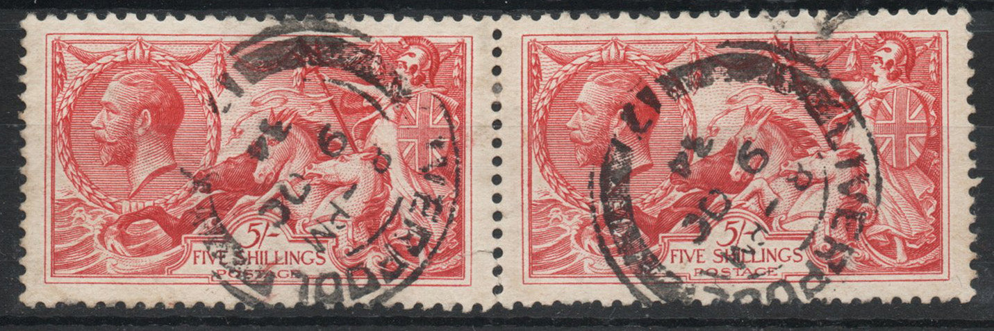 1913  GB KGV SG401 5/- Waterlow Seahorse PAIR Liverpool Postmark 