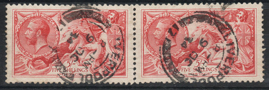 1913  GB KGV SG401 5/- Waterlow Seahorse PAIR Liverpool Postmark 