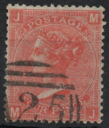 GB 1865-67 SG93 4d Vermilion Plate 12 (M-J) Used in Malta