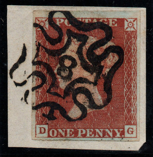 GB QV 1864 SG8m 1d Red, Plate 33, 4 margin Clear No8 in Maltese Cross tied to small piece (AM606)