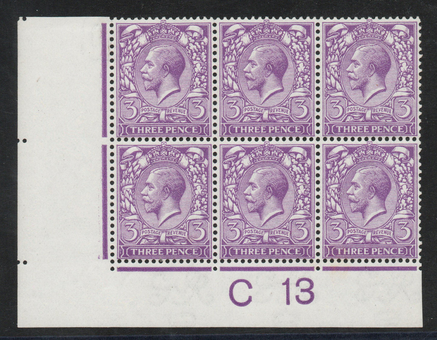 GB KGV SG374 3d Reddish Violet Spec N22/2 Royal Cyph Control C 13 Block 6 Unmounted Mint. Tiny rust spot on rear
