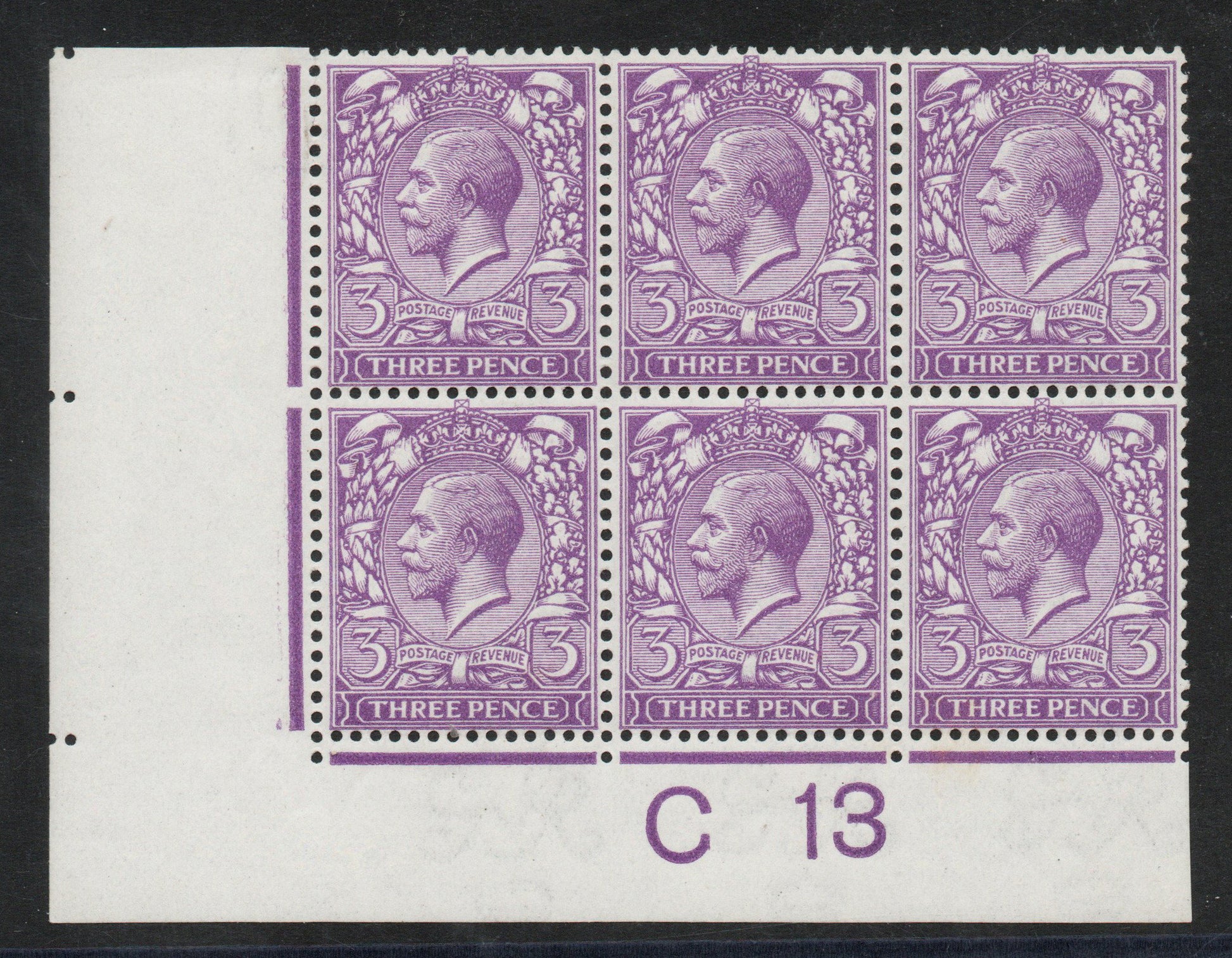 GB KGV SG374 3d Reddish Violet Spec N22/2 Royal Cyph Control C 13 Block 6 Unmounted Mint. Tiny rust spot on rear
