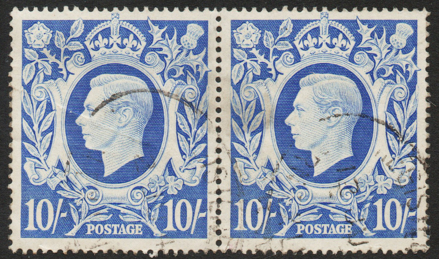 GB 1942 KGVI SG478b 10/- Ultramarine Good used Pair, gentle crease LH Stamp