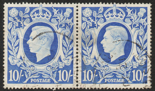 GB 1942 KGVI SG478b 10/- Ultramarine Good used Pair, gentle crease LH Stamp