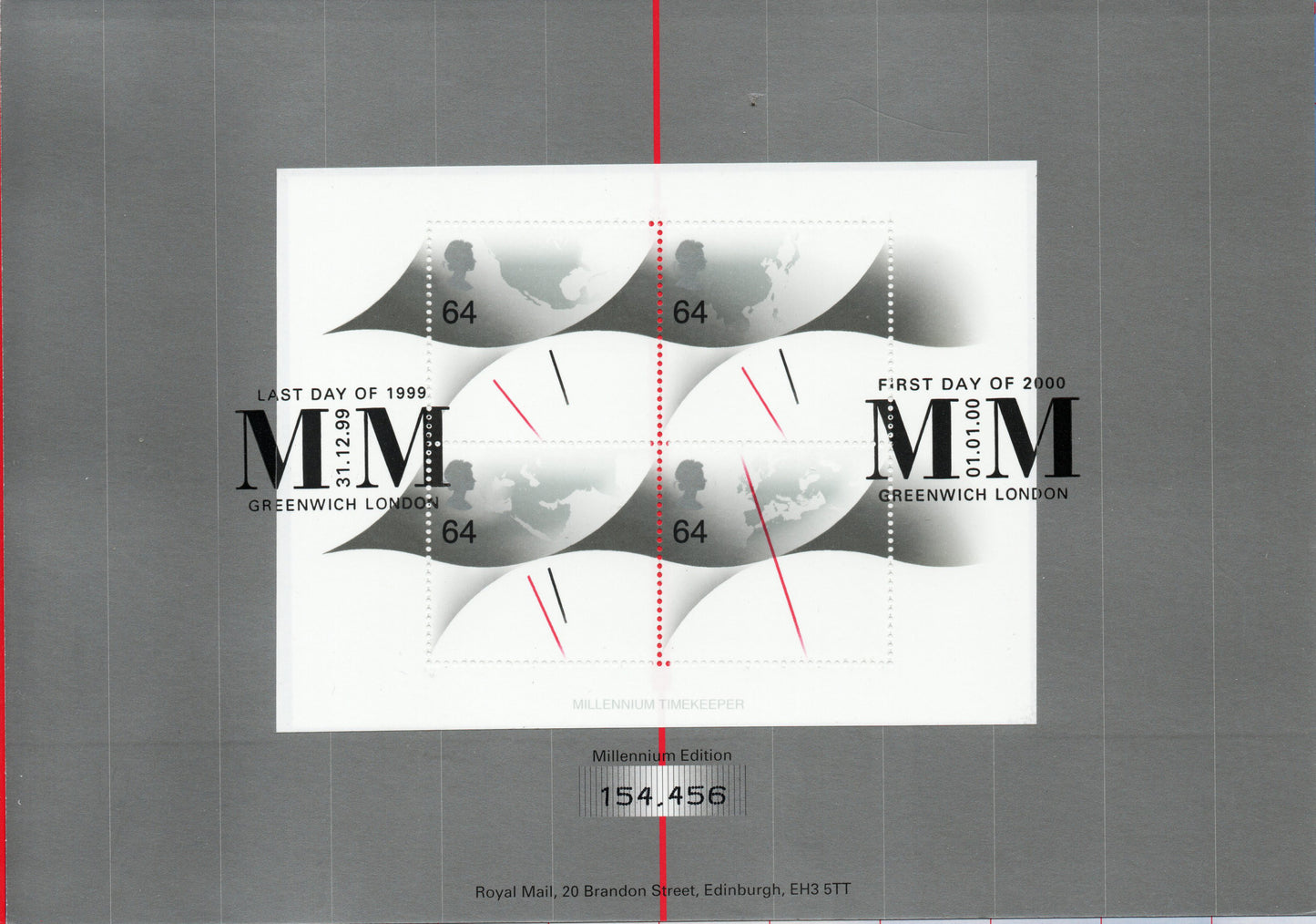 GB 1999/2000 "Millennium Moment". Commemorative Document Mint & Unopened. With M/S, Last day of 1999 & First day of 2000 cancellations