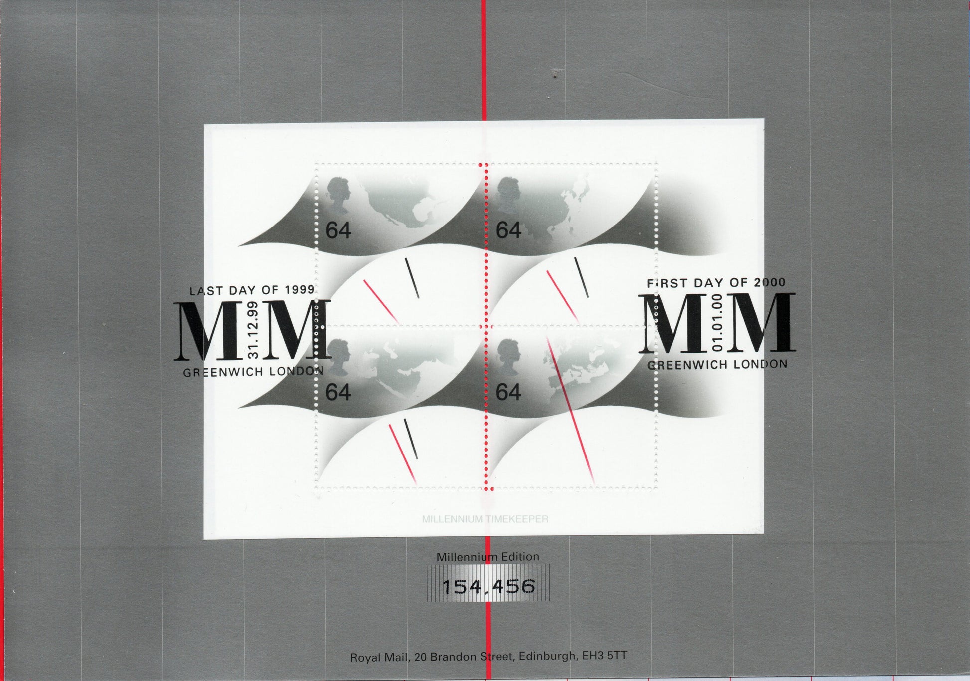 GB 1999/2000 "Millennium Moment". Commemorative Document Mint & Unopened. With M/S, Last day of 1999 & First day of 2000 cancellations