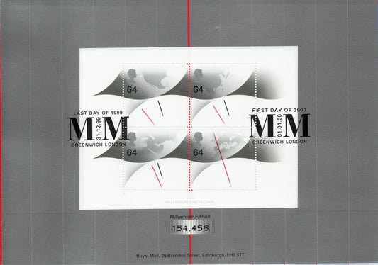 GB 1999/2000 "Millennium Moment". Commemorative Document Mint & Unopened. With M/S, Last day of 1999 & First day of 2000 cancellations