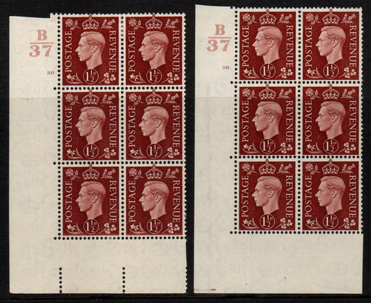 GB KGVI SG464 1½d Red-Brown in Blocks of 6 Control B/37 Cyls 30dot &amp; no dot