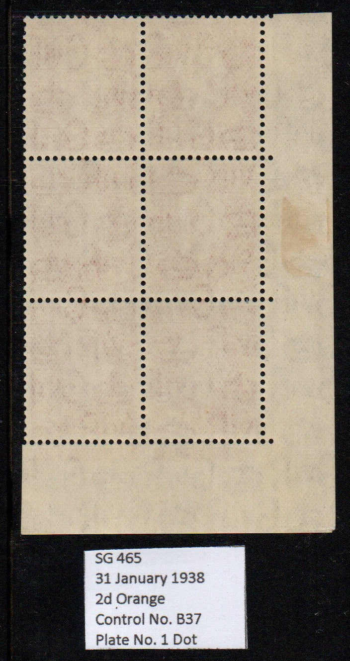 GB KGVI SG465 2d Orange in Block of 6 Control B/37 Cyl 1 dot Mounted in margin (AM690)