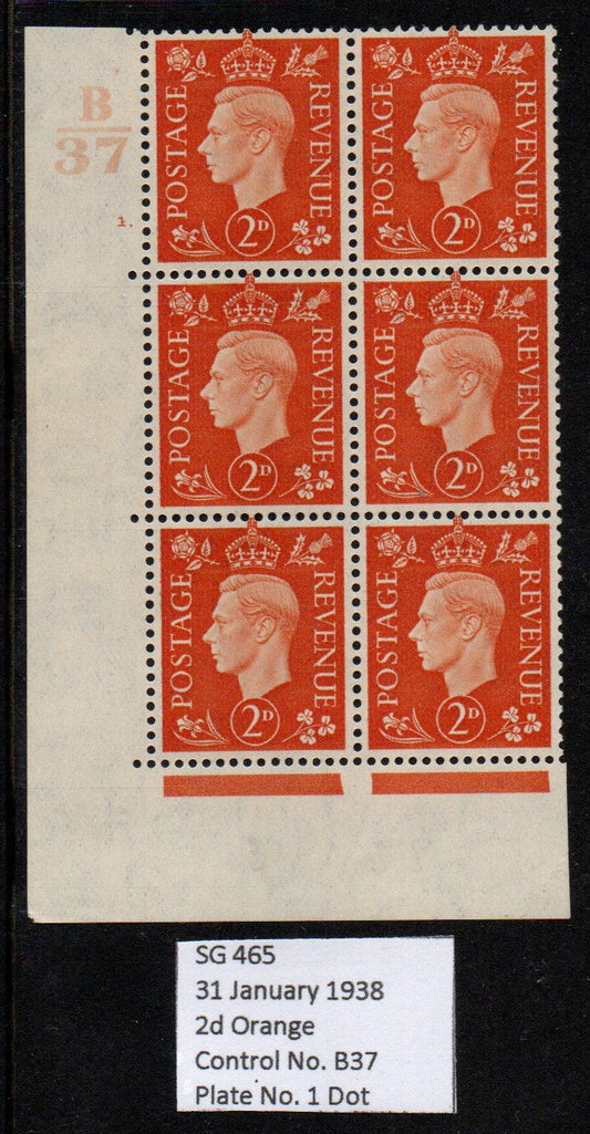GB KGVI SG465 2d Orange in Block of 6 Control B/37 Cyl 1 dot Mounted in margin 