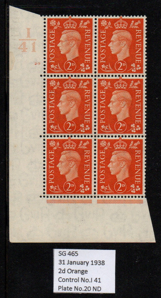 GB KGVI SG465 2d Orange in Block of 6 Control I/41 Cyl 20 no dot Unmounted Mint