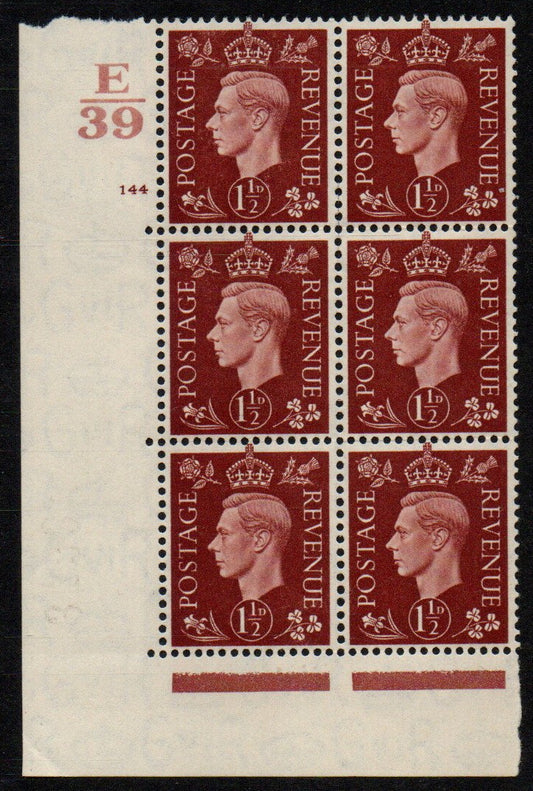 GB KGVI SG464 1½d Brown in Block of 6 Control E/39 Cyl 144 no dot U/M 