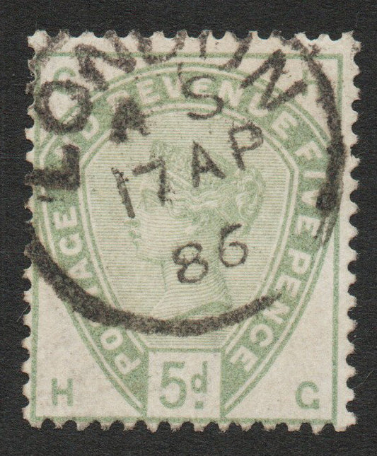 1883 GB QV SG193 5d dull green Used Good Perforations. London Single Ring CDS