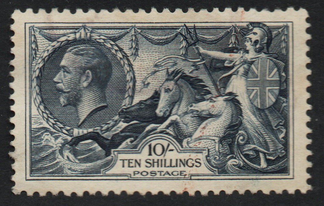 GB KGV SG452, 10/- Re-Engraved Indigo Seahorse. Lightest possible cancellation