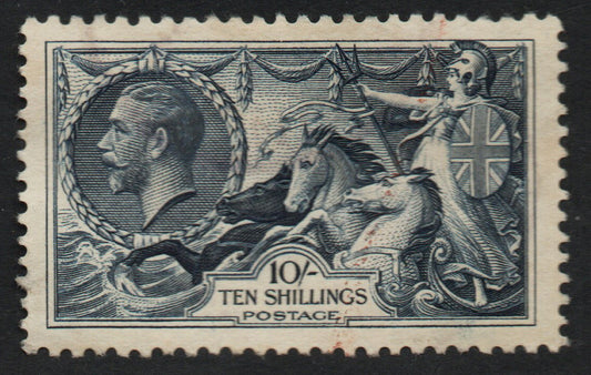 GB KGV SG452, 10/- Re-Engraved Indigo Seahorse. Lightest possible cancellation