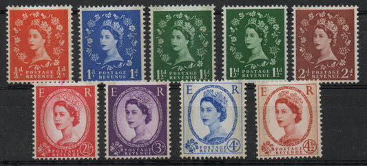 GB QEII 1958 Wildings Graphite Line Set of 8 SG587 - SG594 with extra SG589 misplaced lines 