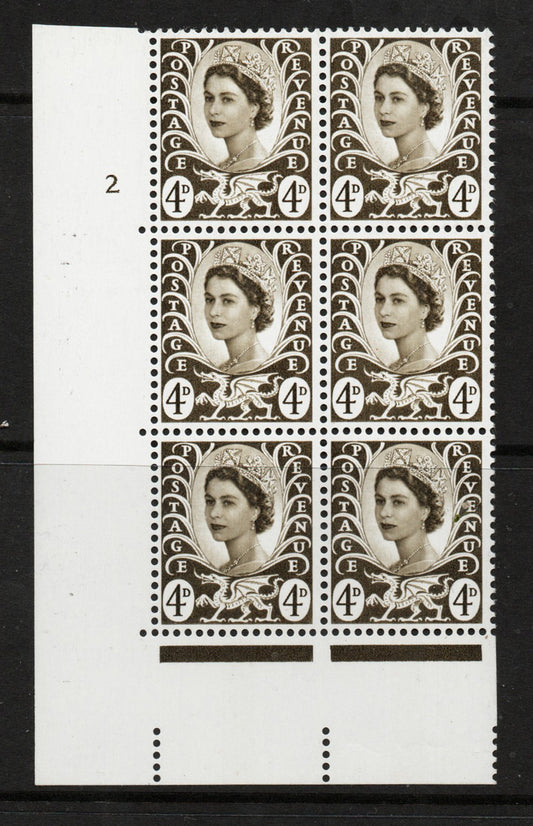 1968 GB QE2 Wales 4d Olive Sepia Cyl 2 no dot. Block of 6 (SG W9 2B) Unmounted Mint