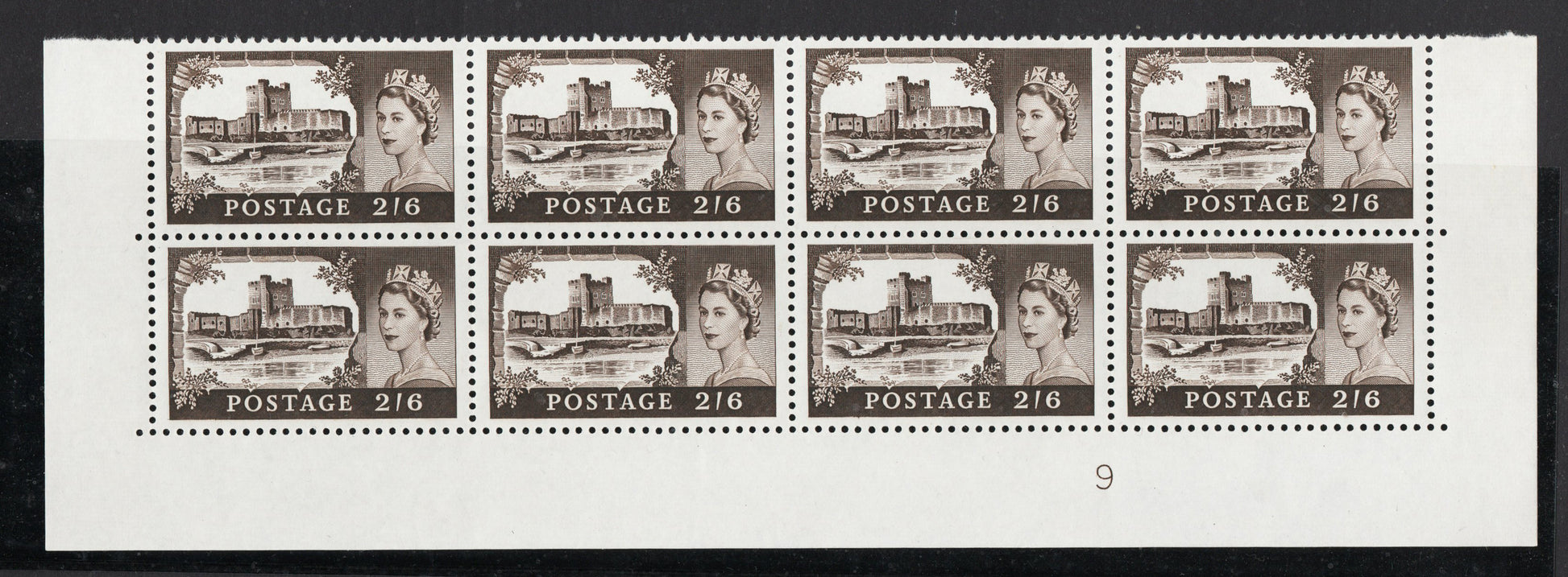 GB 1967-68 SG759 2/6d Blk/Brown Bottom 2 rows of Sheet with Cyl No. U/M