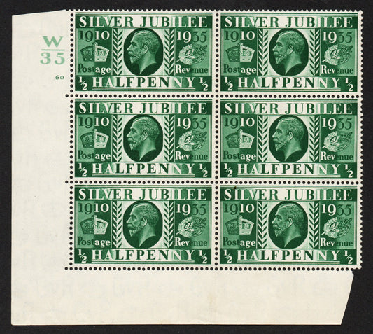 GB 1935 KEVIII SG453 ½d Cylinder 60 no dot, Control W/35 Block of 6, Perf 5, VLMM in Margin