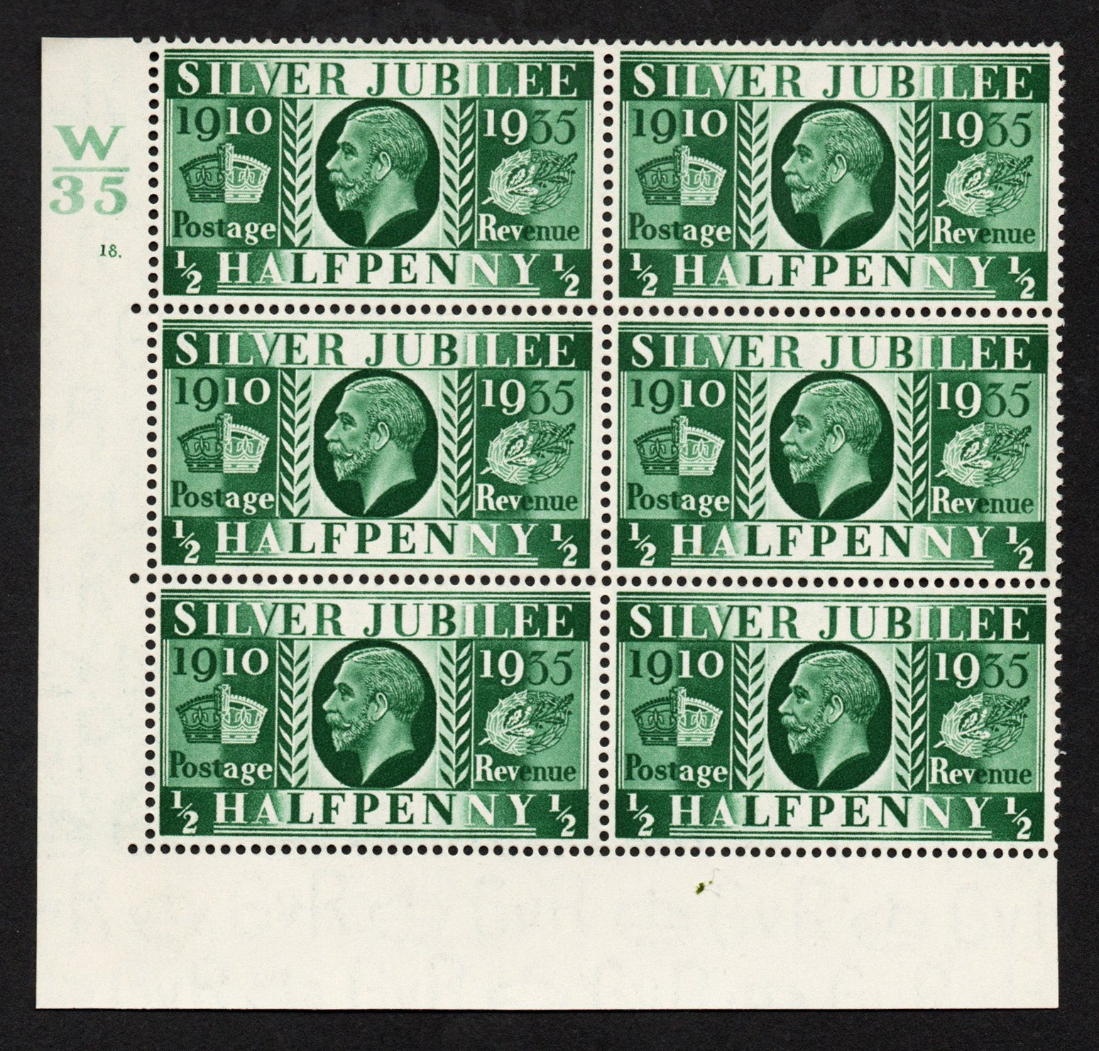 GB 1935 KEVIII SG453 ½d Cylinder 18 dot, Control W/35 Block of 5, Perf 5, Very Lightly M/M