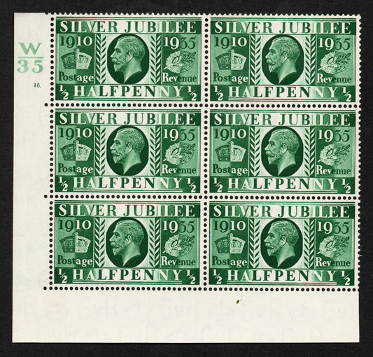 GB 1935 KEVIII SG453 ½d Cylinder 18 dot, Control W/35 Block of 5, Perf 5, Very Lightly M/M