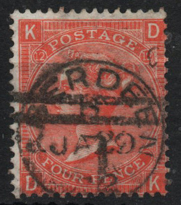 GB 1865-67 SG94 4d Vermilion Plate 12 Aberdeen CDS Good Used 