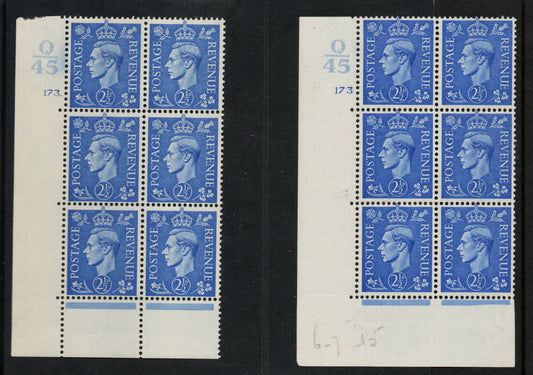 1941 KGVI SG489 2½d Light Ultra Cyl 173 dot & no dot Ctrl Q/45 Block LMM(AM937)