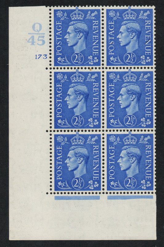 1941 GB KGVI SG489 2½d Light Ultra in Cyl 173 no dot Block Ctrl Q/45 LMM 