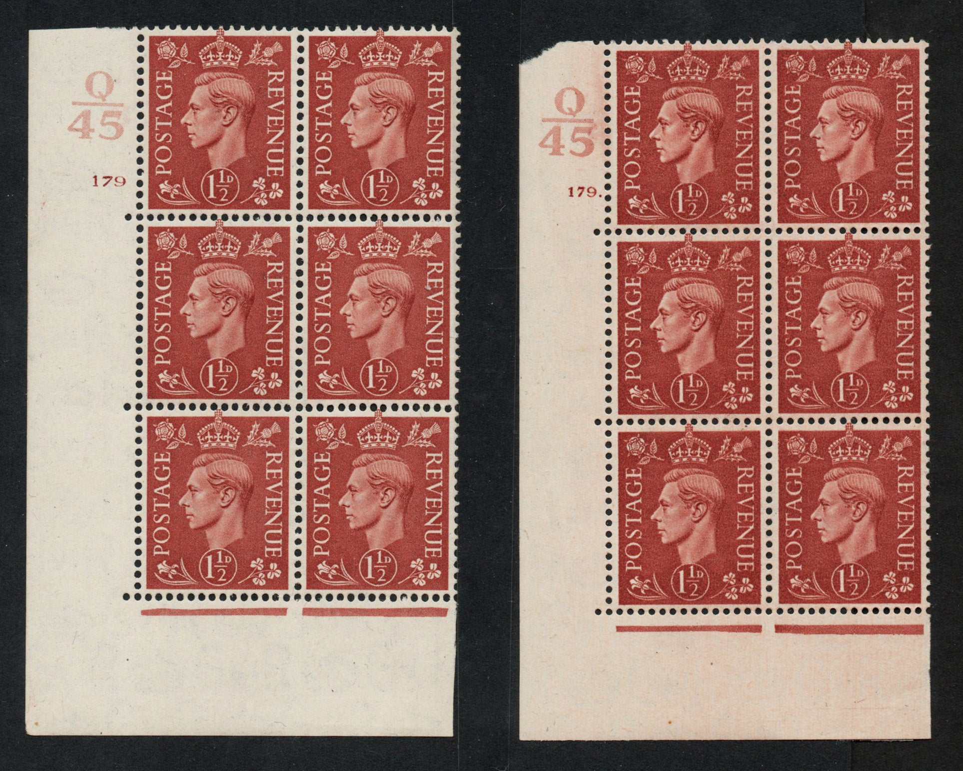 1942 GB KGVI SG487 1½d Pale Red/Brown in Cyl 179 dot and no dot Ctrl Q45 U/M