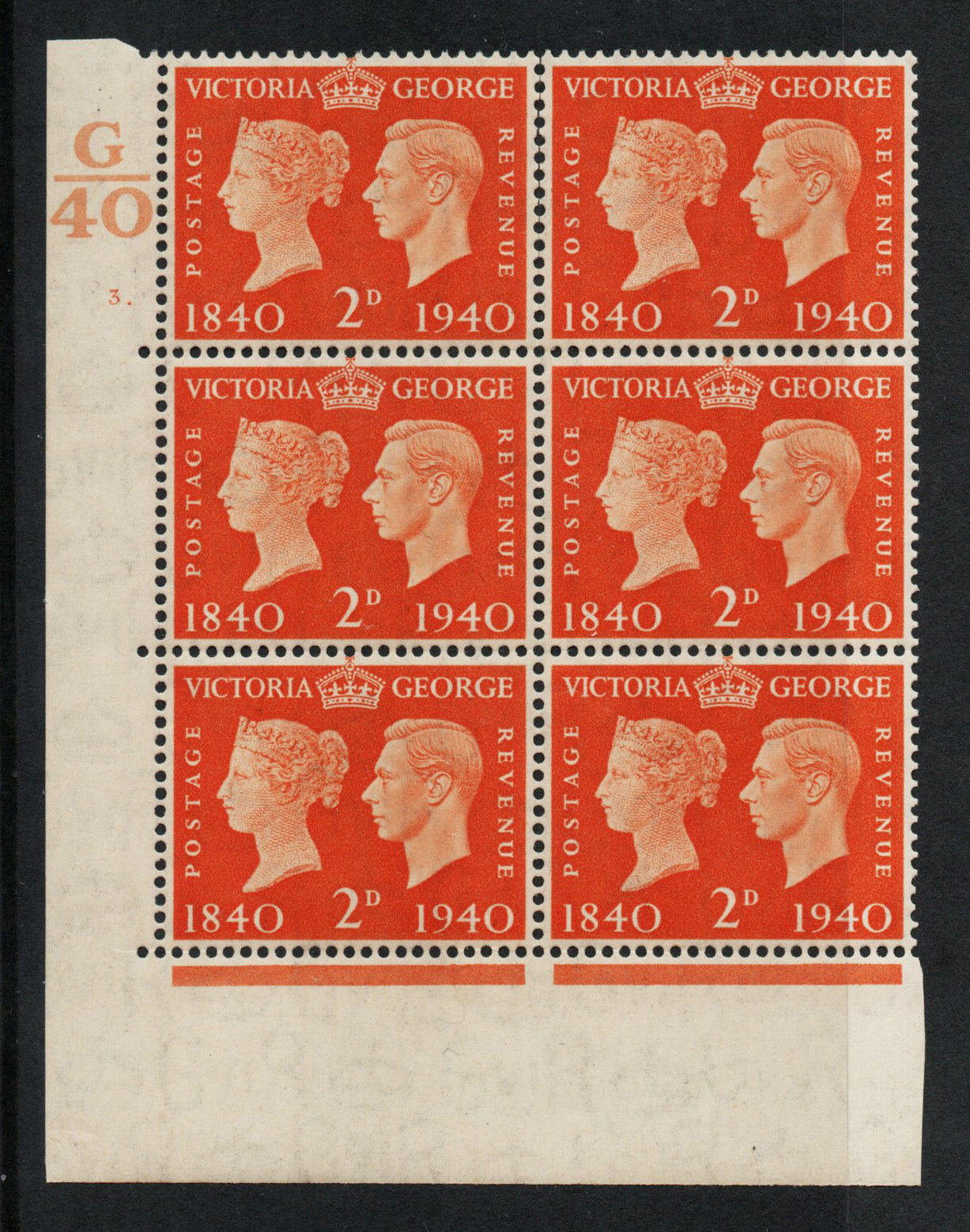 1940 GB KGVI SG482 2d Orange Centenary in Cyl 3 dot Ctrl G/40 U/M 