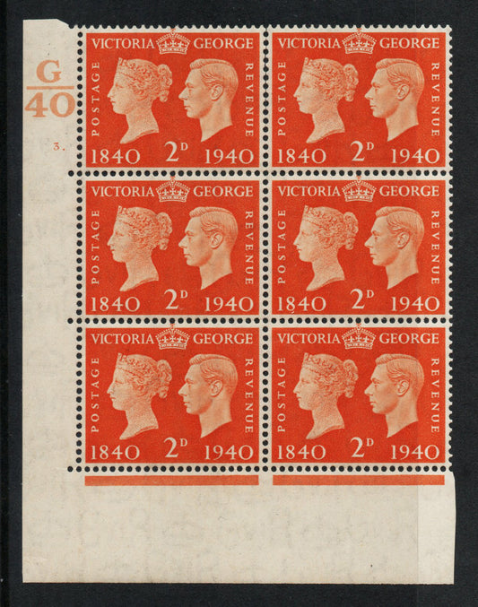 1940 GB KGVI SG482 2d Orange Centenary in Cyl 3 dot Ctrl G/40 U/M 