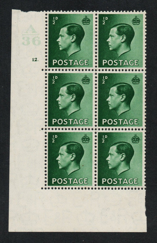 1936 GB KEVII SG457 ½d Green in Cyl 12 dot Control A/36 LMM
