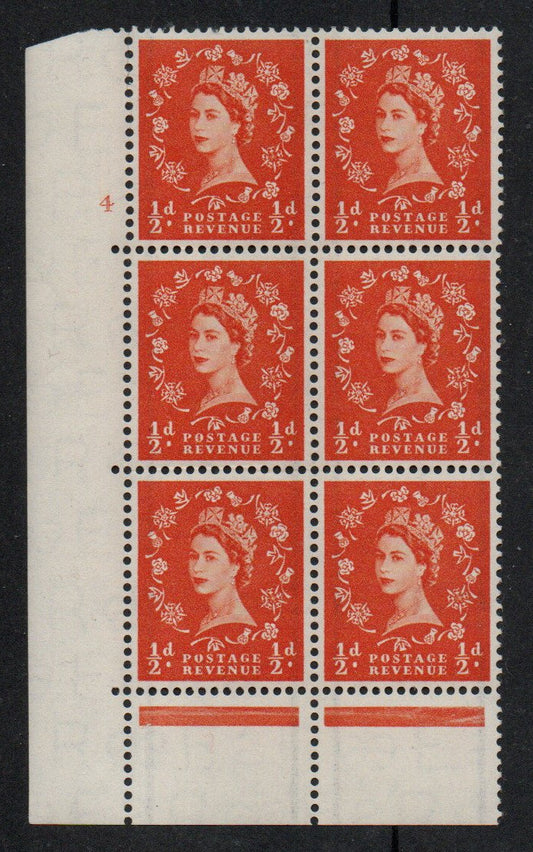 GB 1957 SG561 ½d Graphite Lined in Cyl Cylinder 4 no dot Block of 6 VLMM (AM970)