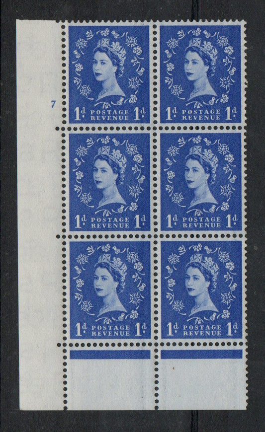 GB 1957 SG562 1d Graphite Lined in Cyl Cylinder 7 no dot Block of 6 VLMM