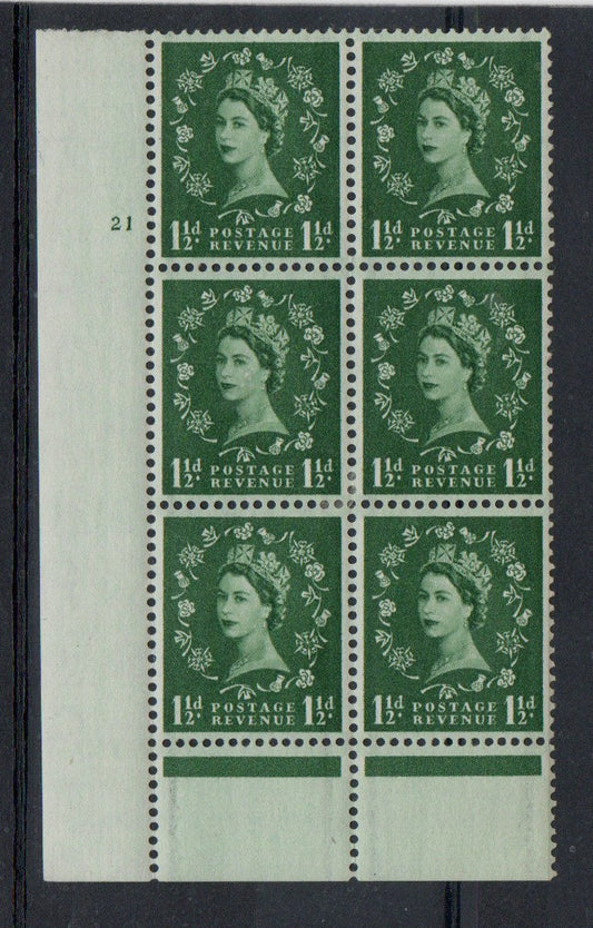 GB 1957 SG563 1½d Graphite Lined in Cyl Cylinder 21 nd Block of 6 VLMM 