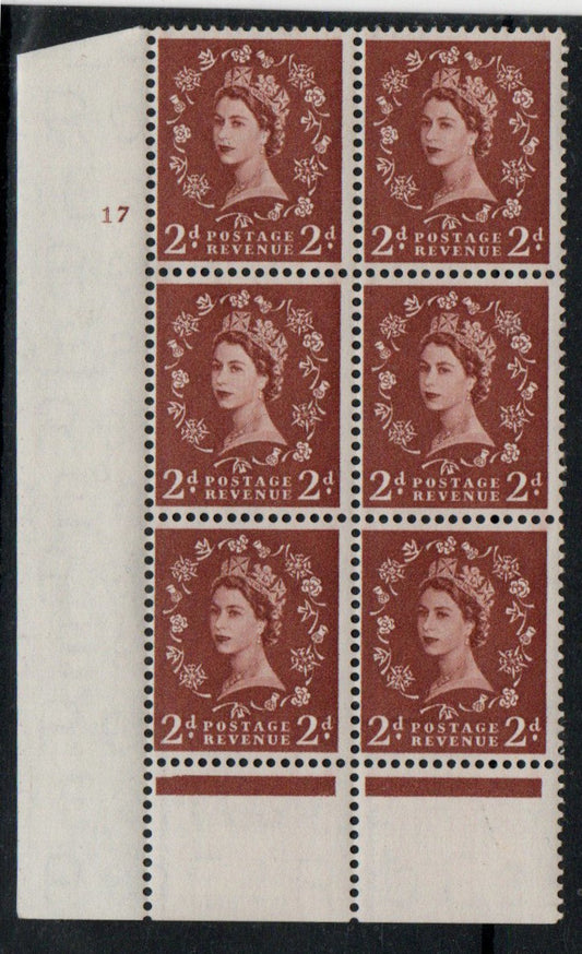 GB 1957 SG564 2d Graphite Lined in Cyl Cylinder 17 nd Block of 6 VLMM