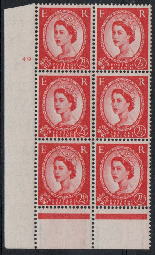 GB 1957 SG565 2½d Graphite Lined in Cyl Cylinder 49 no dot Block of 6 VLMM